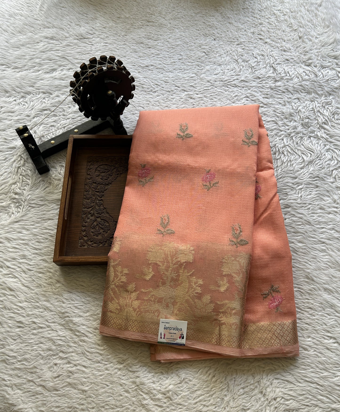 Silk kota Saree Peach colored Elegantly Paired with a Zari Border. - Sampradaya Designer Studio