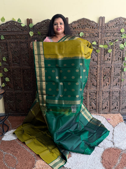 Pure Kanjivaram Silk Saree | Mehandi Green With Gold Zari Border | Handloom | Silk Mark Certified