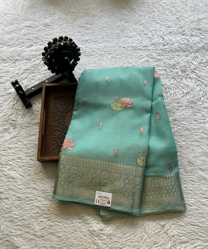 Silk kota Saree Sky Blue colored Elegantly Paired with a Zari Border. - Sampradaya Designer Studio