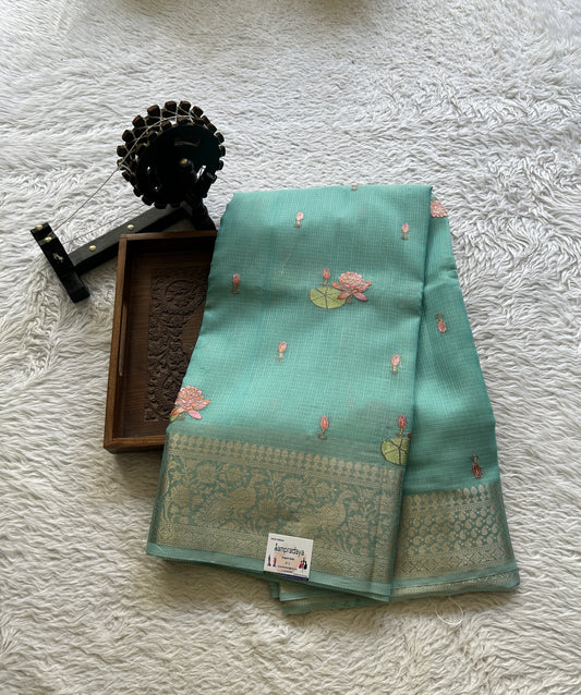 Silk kota Saree Sky Blue colored Elegantly Paired with a Zari Border. - Sampradaya Designer Studio