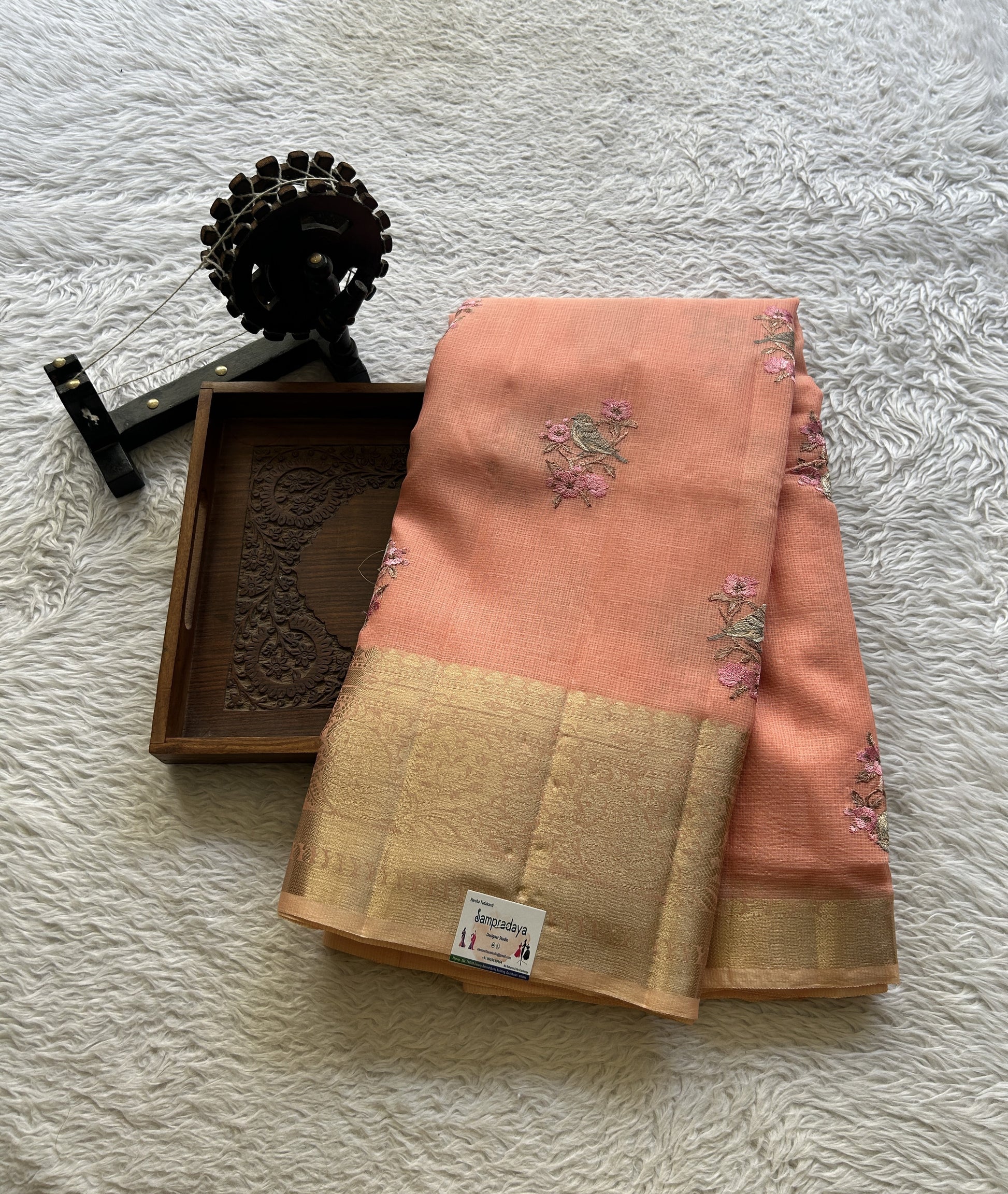 Silk kota Saree Melon colored Elegantly Paired with a Zari Border. - Sampradaya Designer Studio