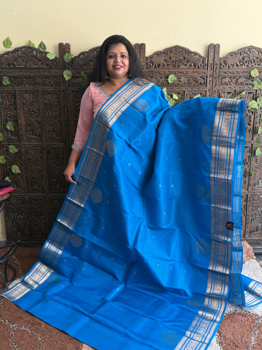 Pure Kanjivaram Silk Saree | Blue With Gold Zari Border | Handloom | Silk Mark Certified