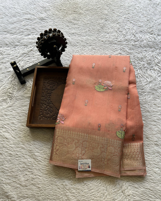 Silk kota Saree Coral colored Elegantly Paired with a Zari Border. - Sampradaya Designer Studio