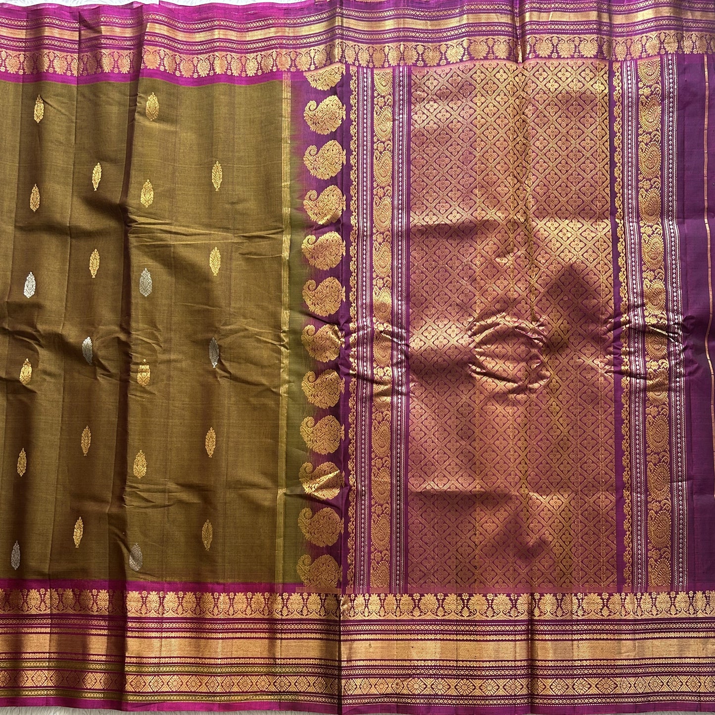 Gadwal Sico Saree Peanut colored complemented with a Gold Zari Border - Sampradaya Designer Studio