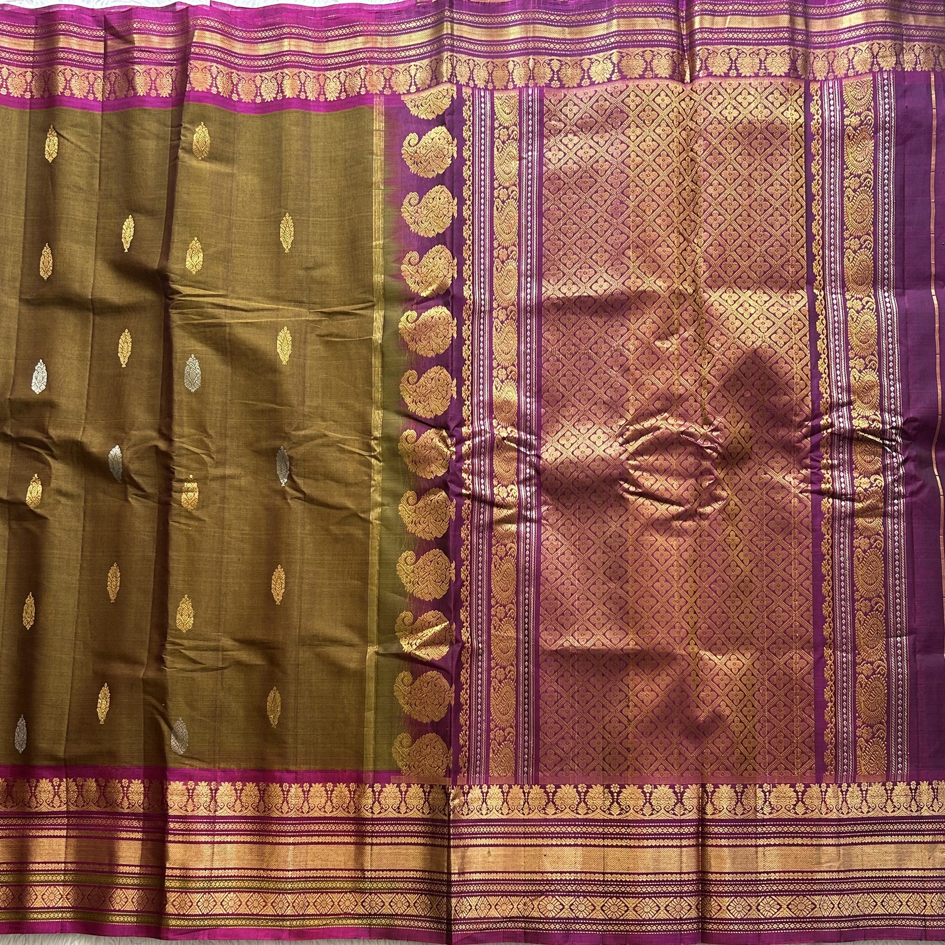 Gadwal Sico Saree Peanut colored complemented with a Gold Zari Border - Sampradaya Designer Studio