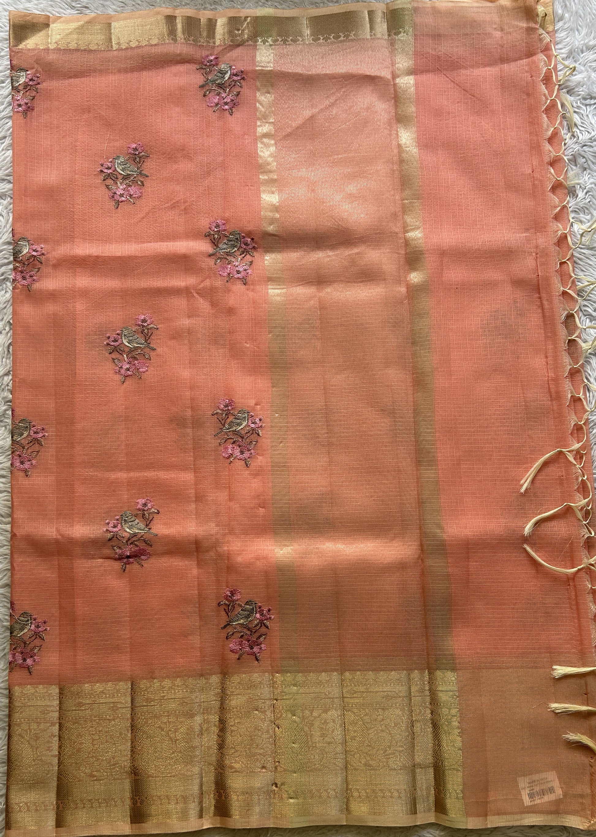 Silk kota Saree Melon colored Elegantly Paired with a Zari Border. - Sampradaya Designer Studio