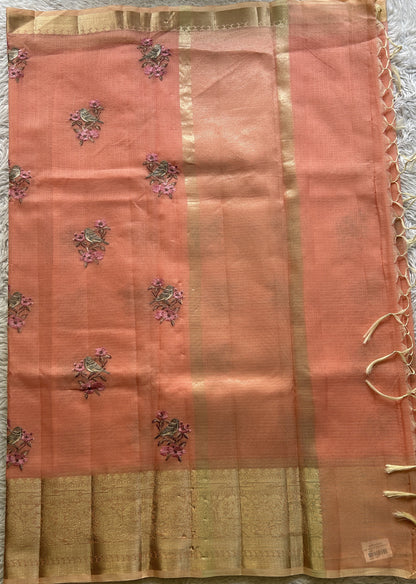 Silk kota Saree Melon colored Elegantly Paired with a Zari Border. - Sampradaya Designer Studio