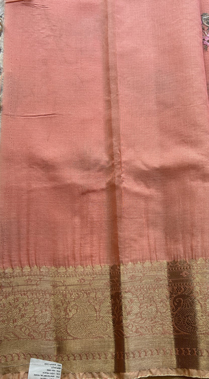 Silk kota Saree Melon colored Elegantly Paired with a Zari Border. - Sampradaya Designer Studio