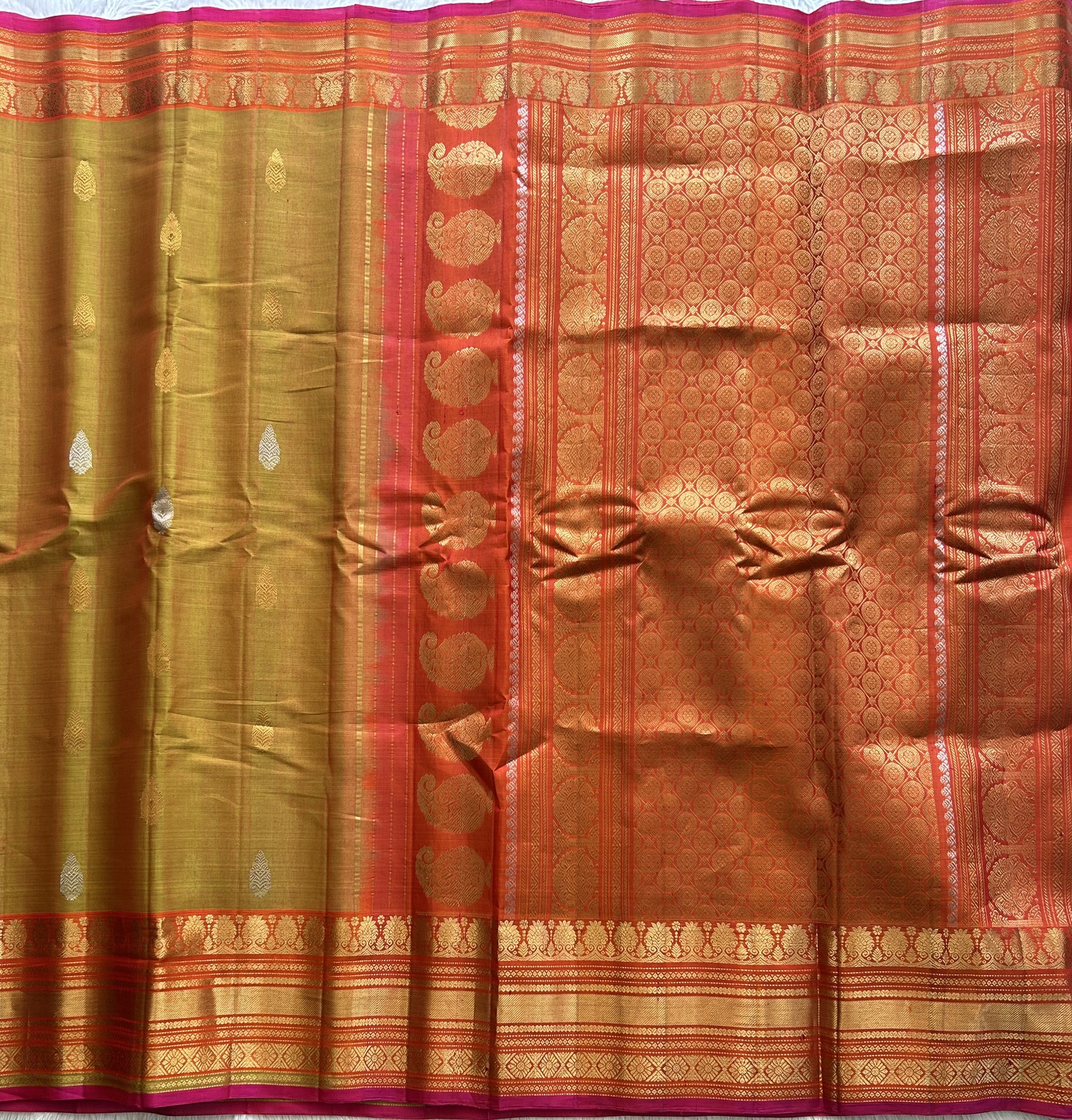 Gadwal Sico Saree Dijon Yellow colored complemented with a Gold Zari Border - Sampradaya Designer Studio