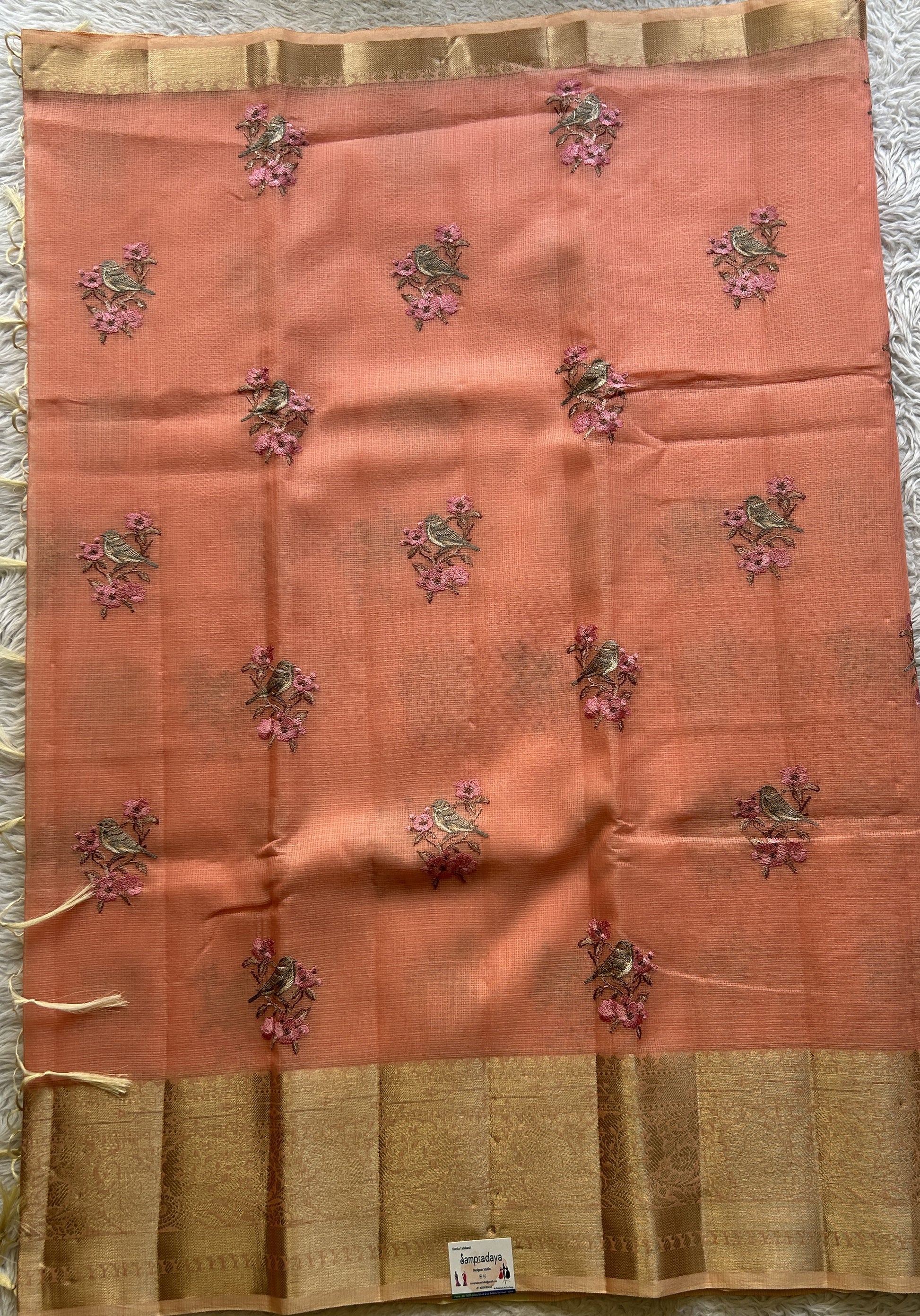 Silk kota Saree Melon colored Elegantly Paired with a Zari Border. - Sampradaya Designer Studio