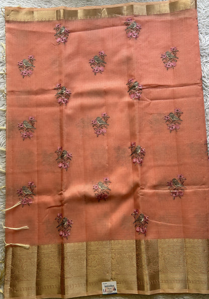 Silk kota Saree Melon colored Elegantly Paired with a Zari Border. - Sampradaya Designer Studio