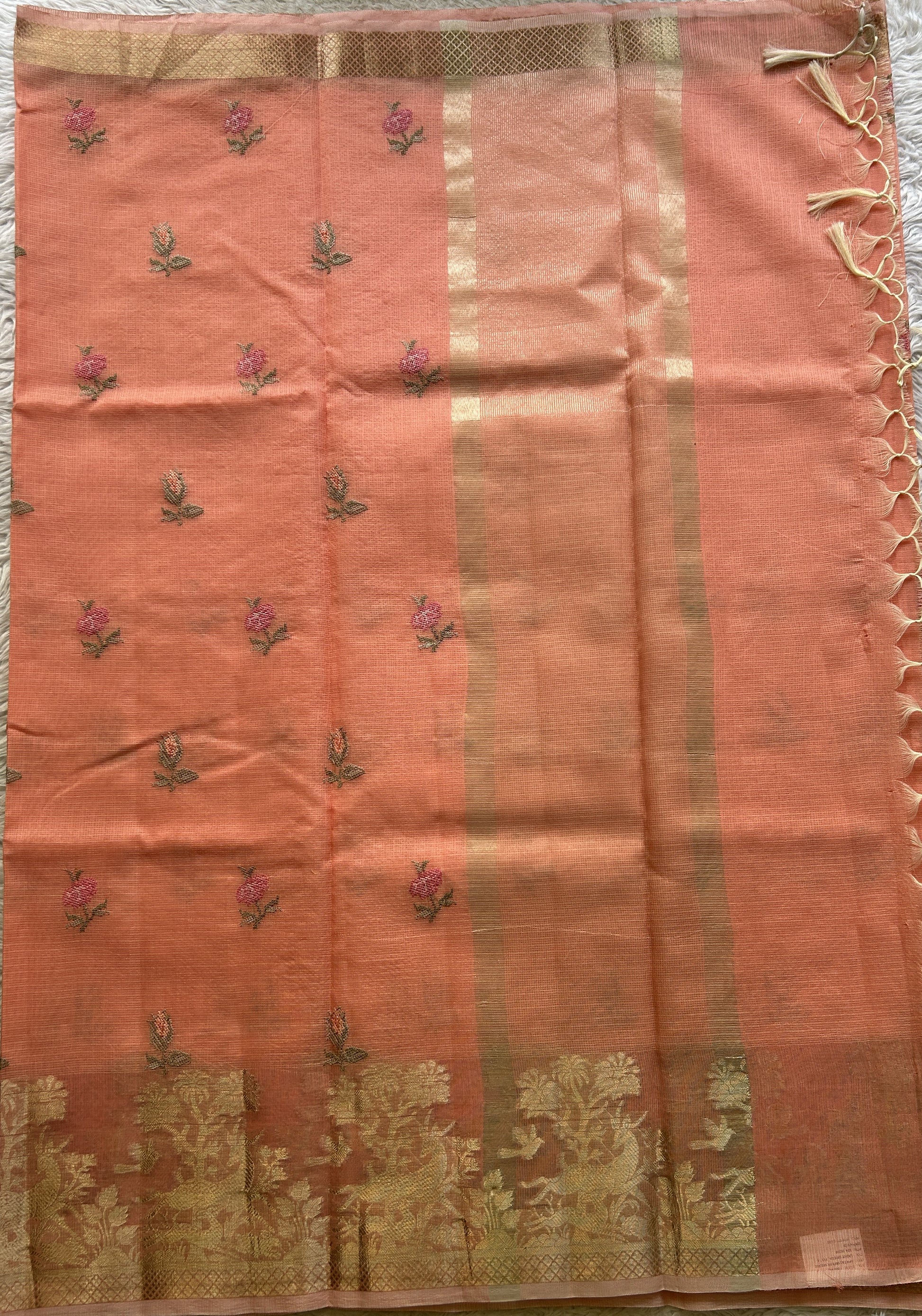 Silk kota Saree Peach colored Elegantly Paired with a Zari Border. - Sampradaya Designer Studio
