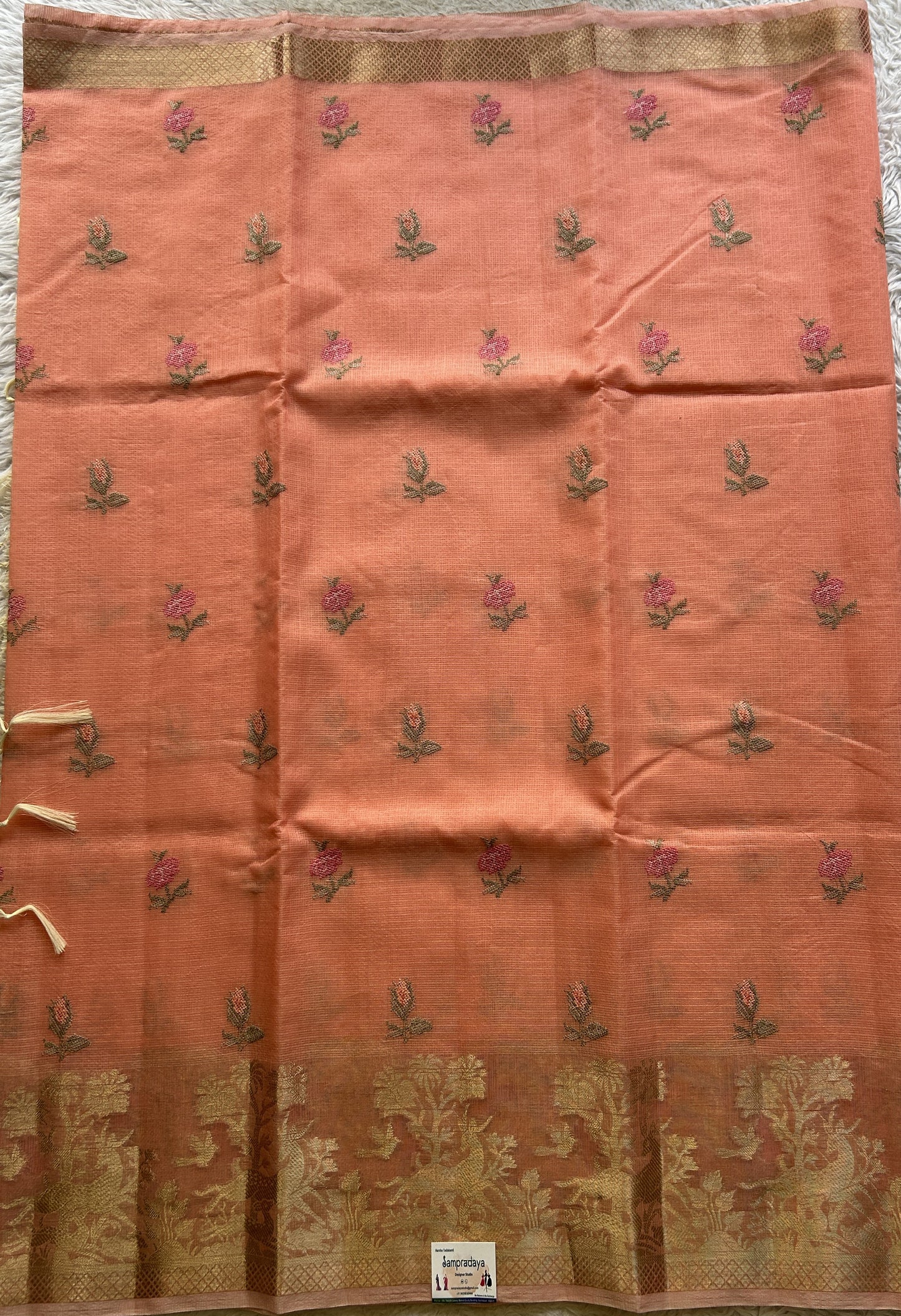 Silk kota Saree Peach colored Elegantly Paired with a Zari Border. - Sampradaya Designer Studio