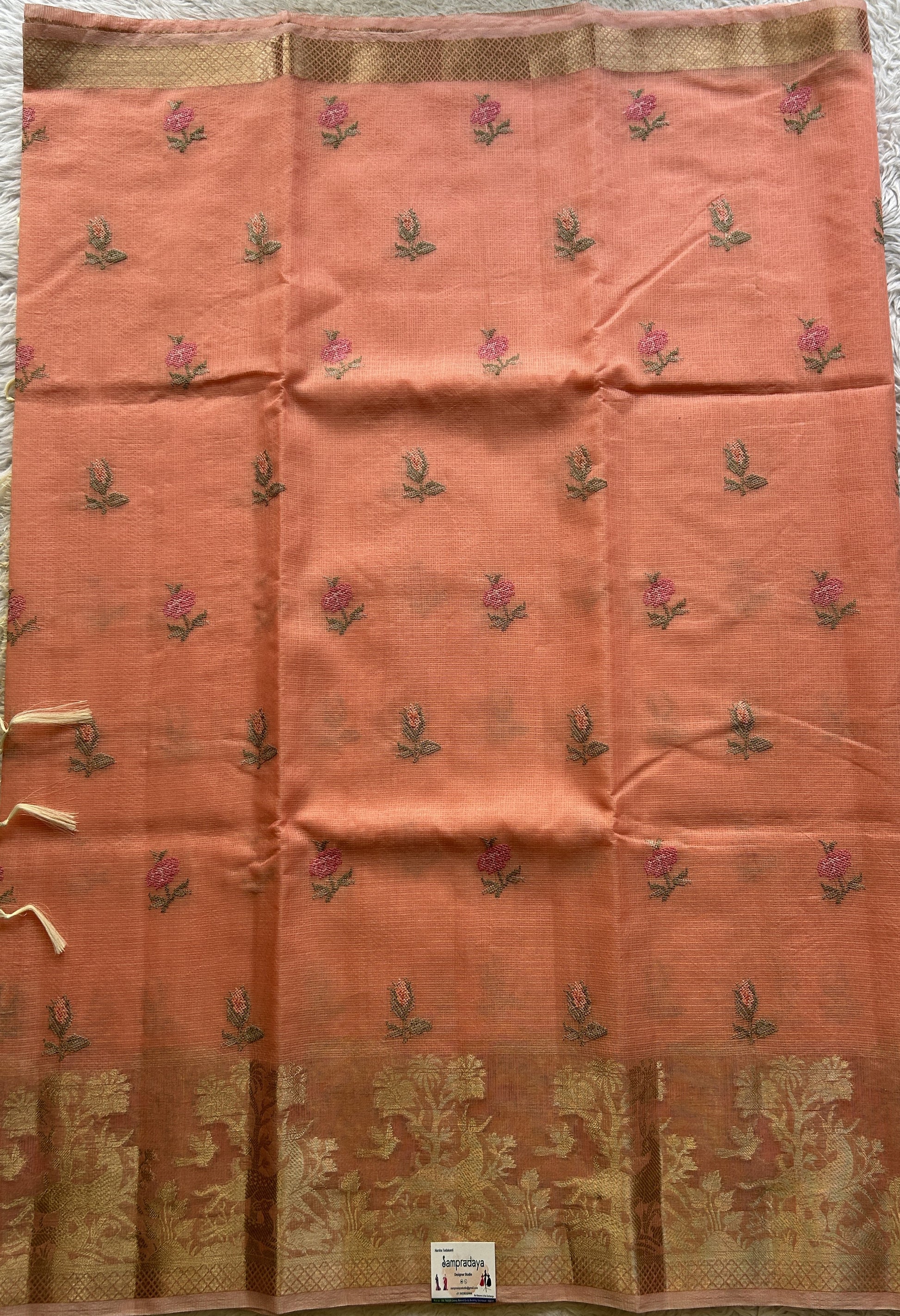 Silk kota Saree Peach colored Elegantly Paired with a Zari Border. - Sampradaya Designer Studio