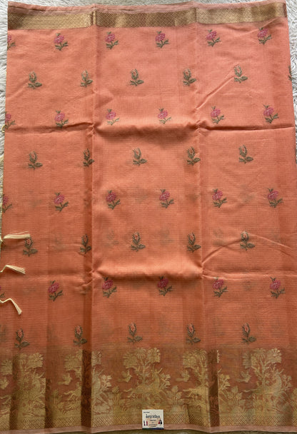 Silk kota Saree Peach colored Elegantly Paired with a Zari Border. - Sampradaya Designer Studio