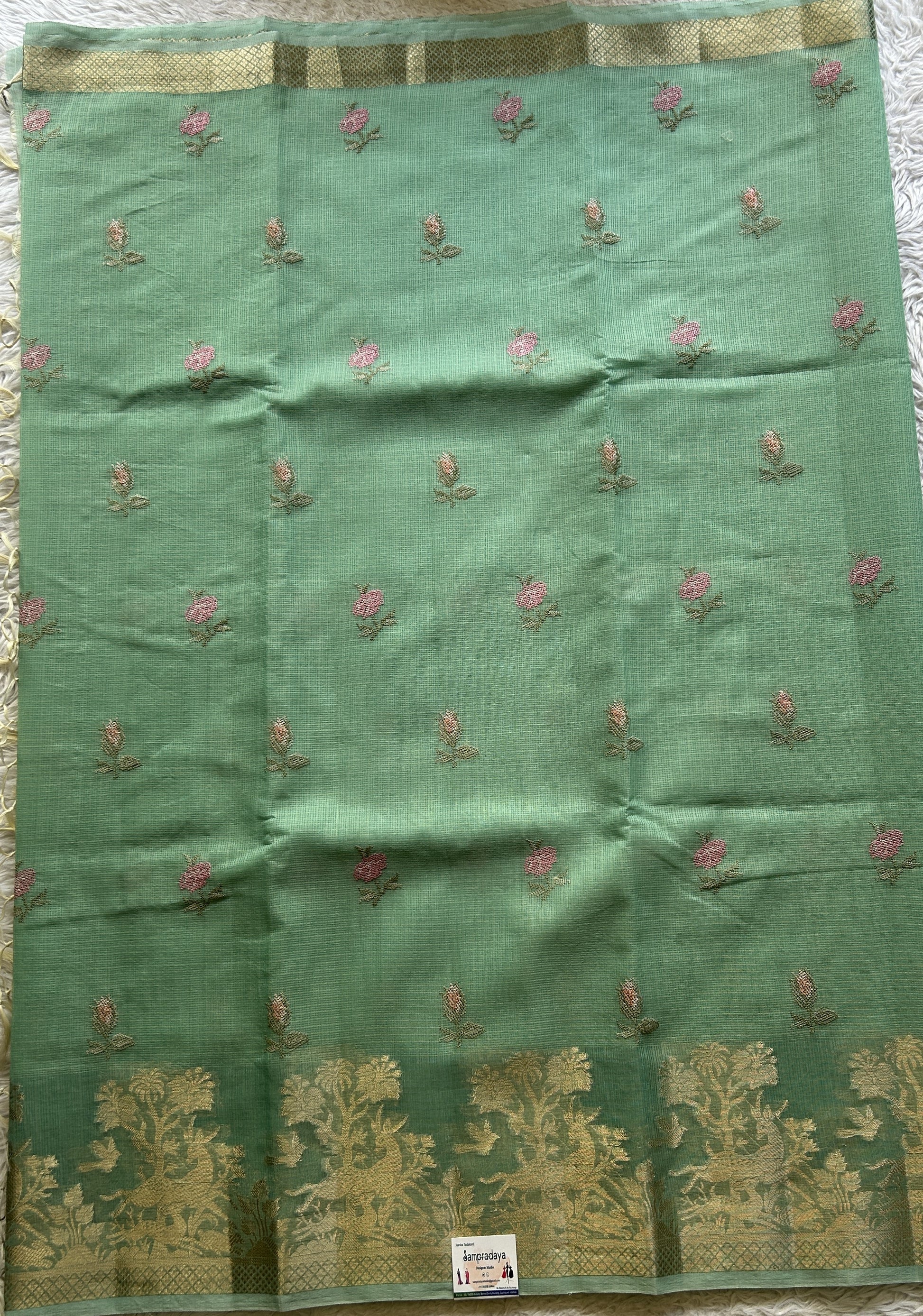 Silk kota Saree Light Sea Green colored Elegantly Paired with a Zari Border. - Sampradaya Designer Studio