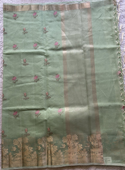 Silk kota Saree Pista Green colored Elegantly Paired with a Zari Border. - Sampradaya Designer Studio