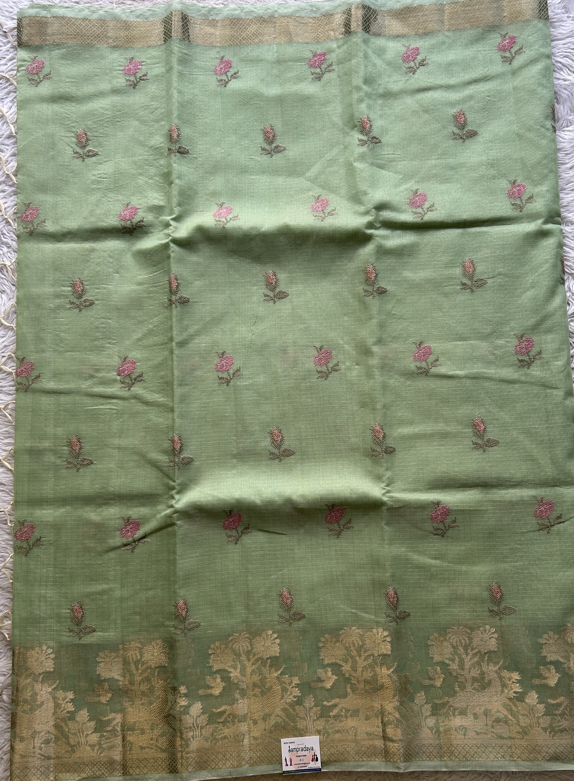 Silk kota Saree Pista Green colored Elegantly Paired with a Zari Border. - Sampradaya Designer Studio