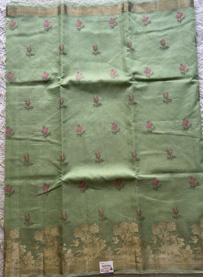 Silk kota Saree Pista Green colored Elegantly Paired with a Zari Border. - Sampradaya Designer Studio