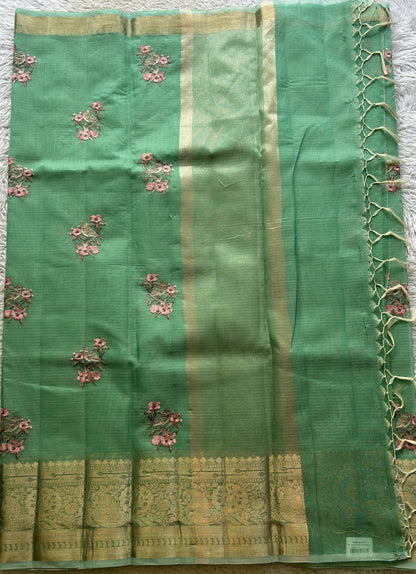 Silk kota Saree Sea Green colored Elegantly Paired with a Zari Border. - Sampradaya Designer Studio