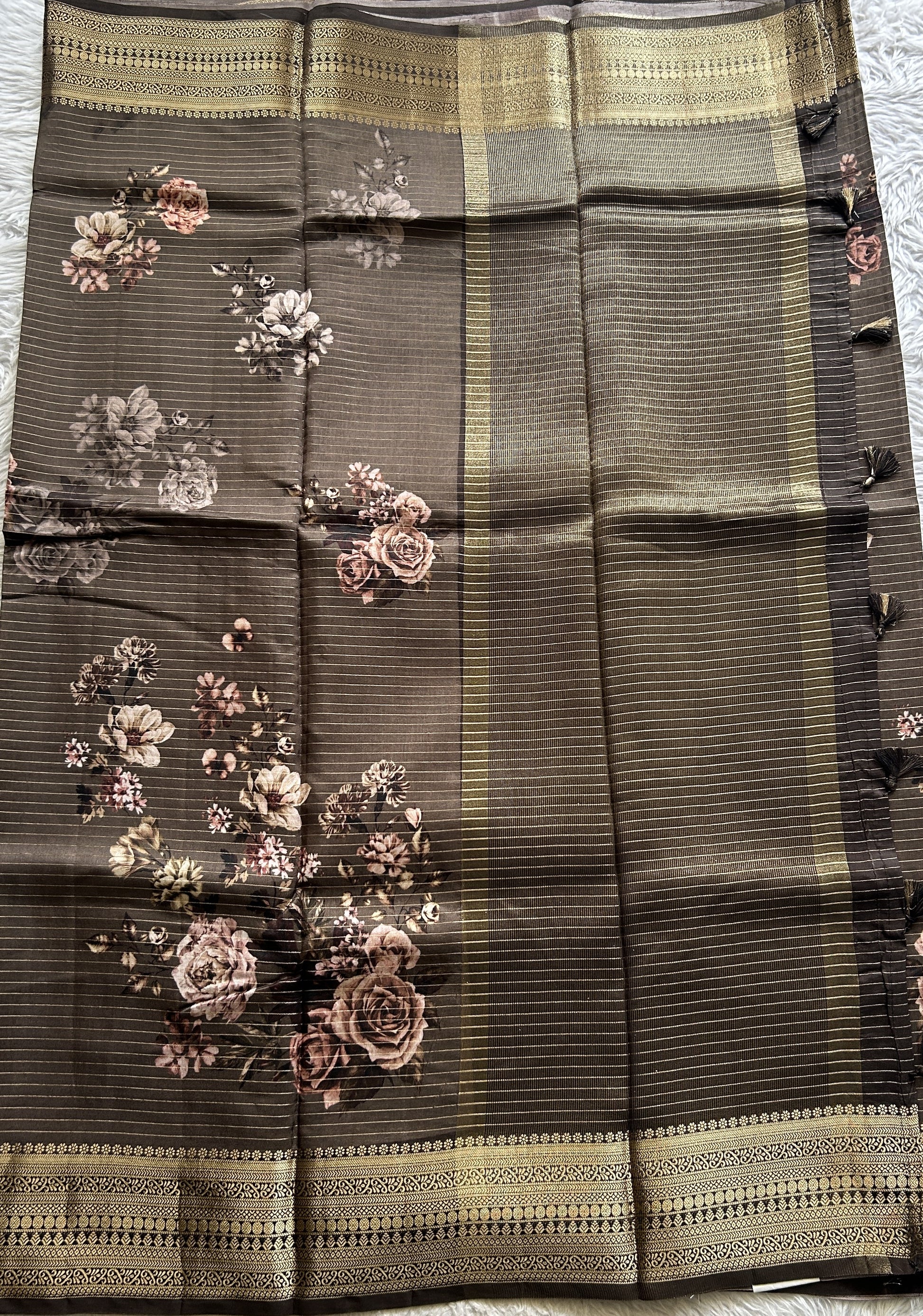 Semi Georgette Saree Snuff Colored Complemented with a Zari Border. - Sampradaya Designer Studio