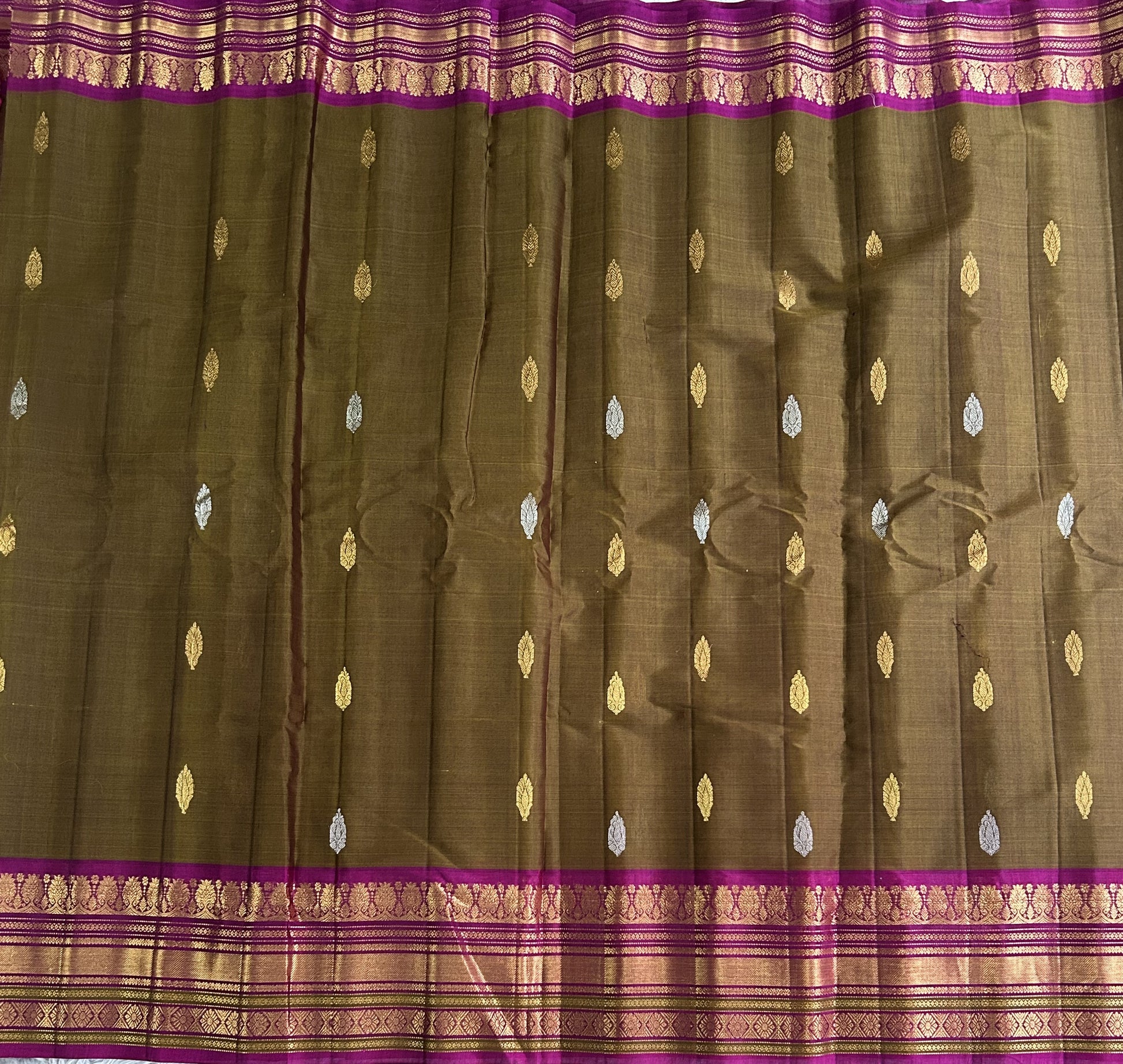 Gadwal Sico Saree Peanut colored complemented with a Gold Zari Border - Sampradaya Designer Studio