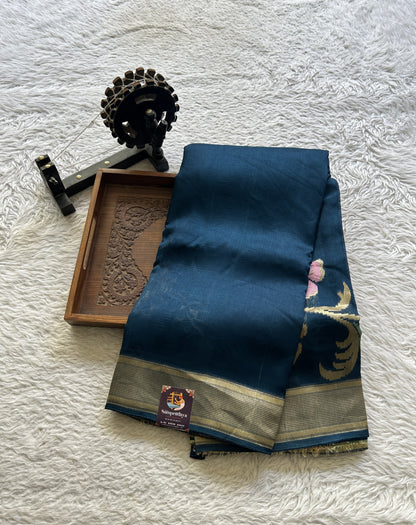 Banarasi Tussar Georgette Plain Saree Peacock Blue Colored Exquisite Zari Border. - Sampradaya Designer Studio