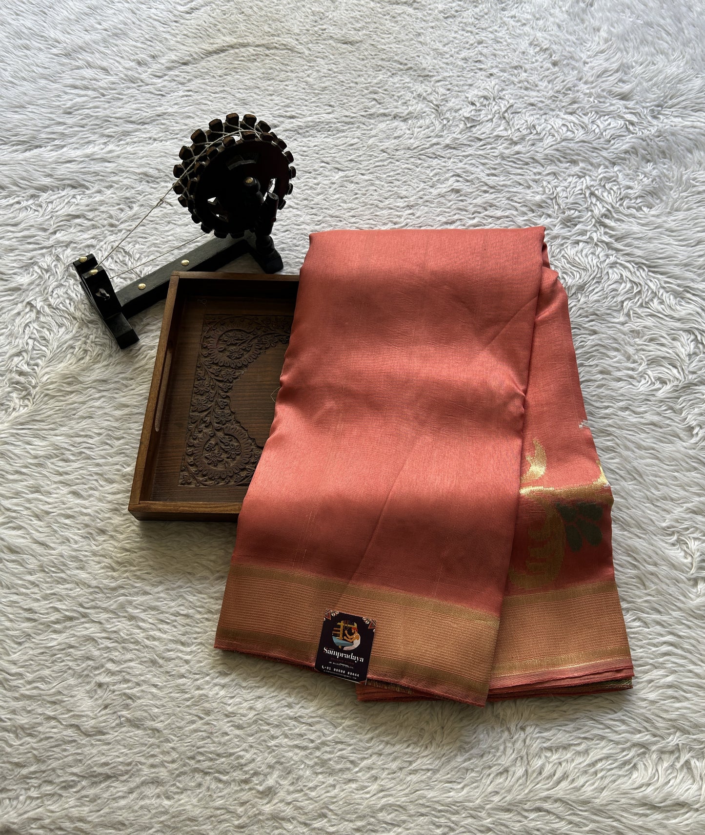 Banarasi Tussar Georgette Plain Saree Peach Colored Exquisite Zari Border. - Sampradaya Designer Studio