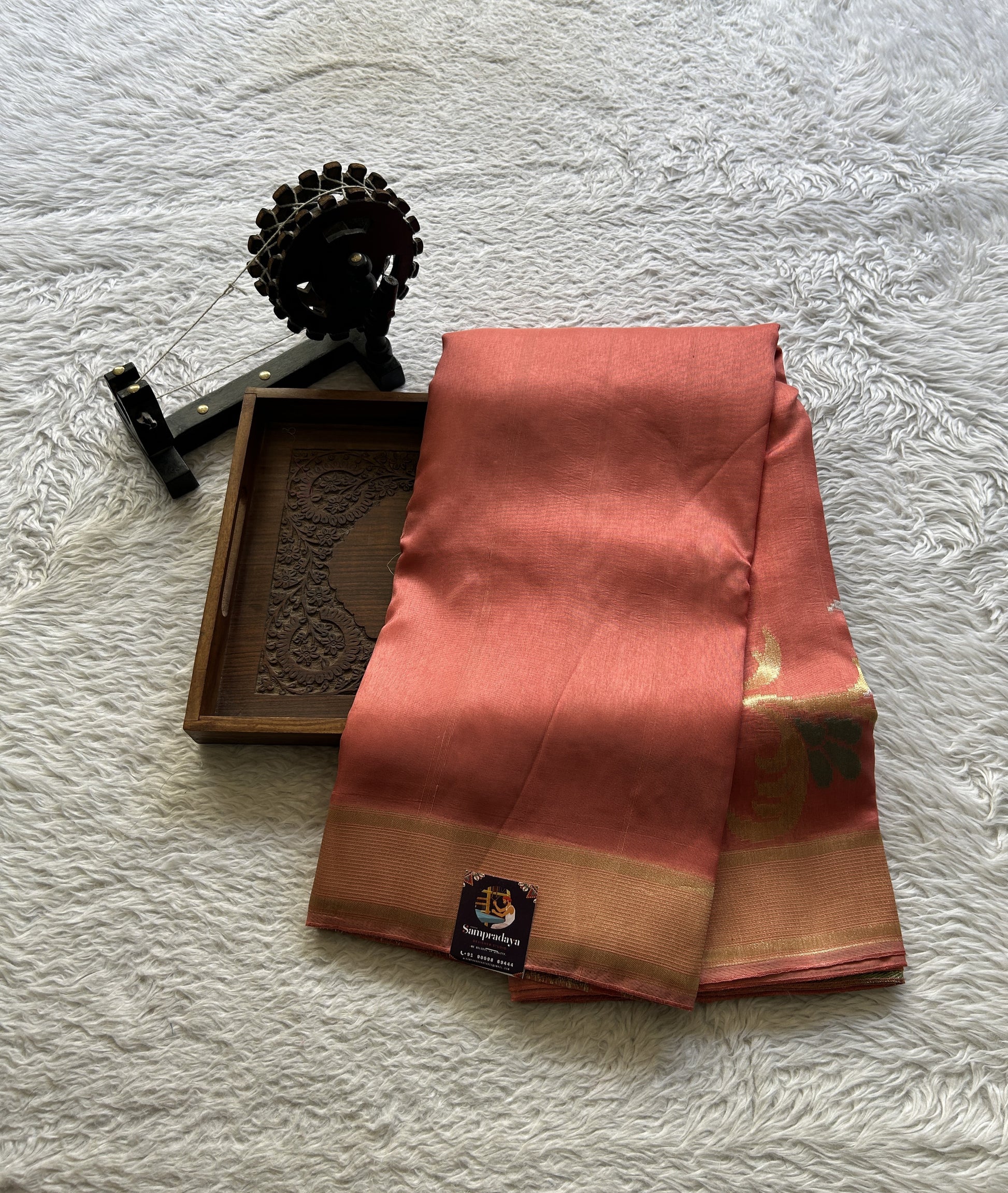 Banarasi Tussar Georgette Plain Saree Peach Colored Exquisite Zari Border. - Sampradaya Designer Studio