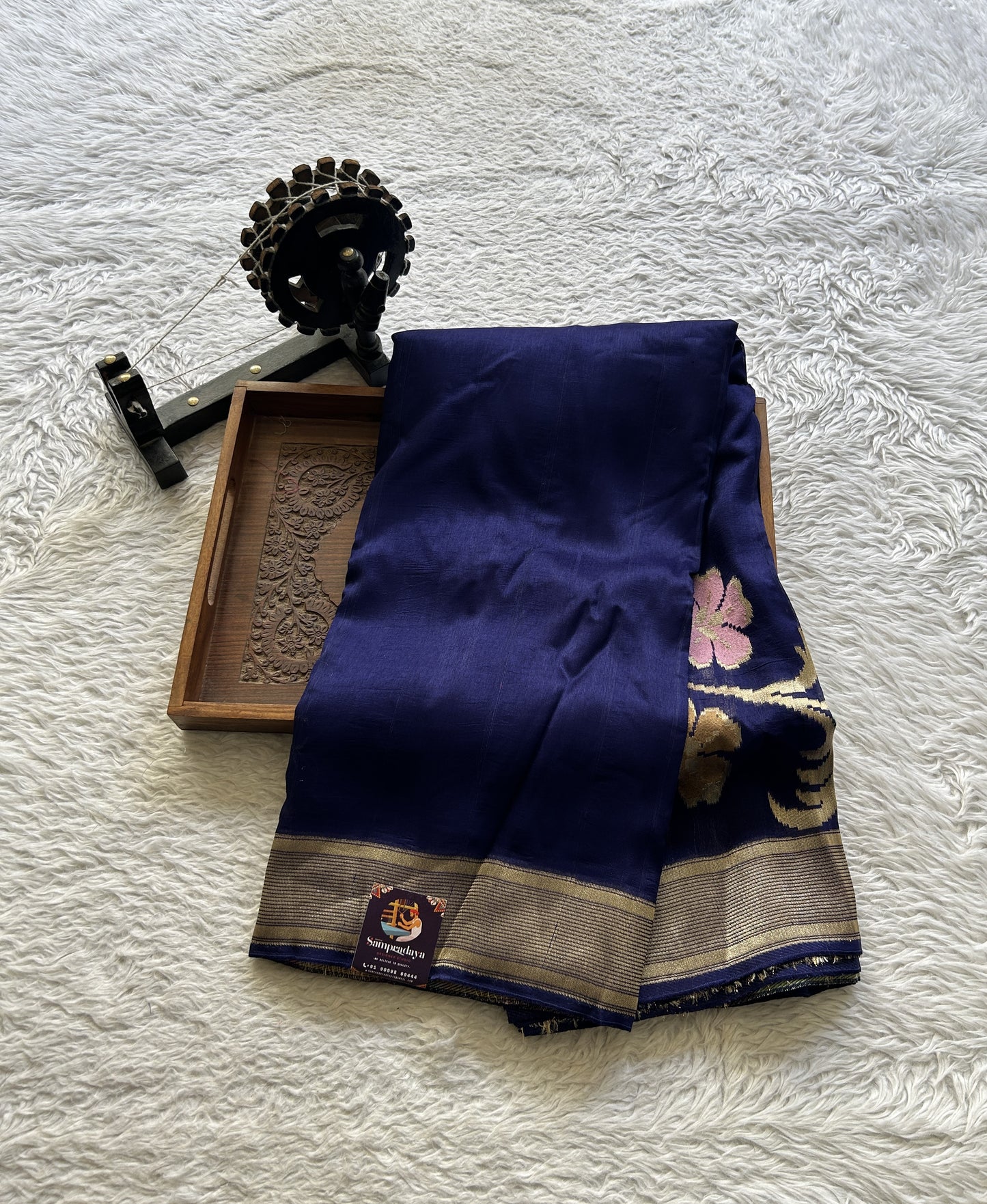 Banarasi Tussar Georgette Plain Saree Navy Blue Colored Exquisite Zari Border. - Sampradaya Designer Studio