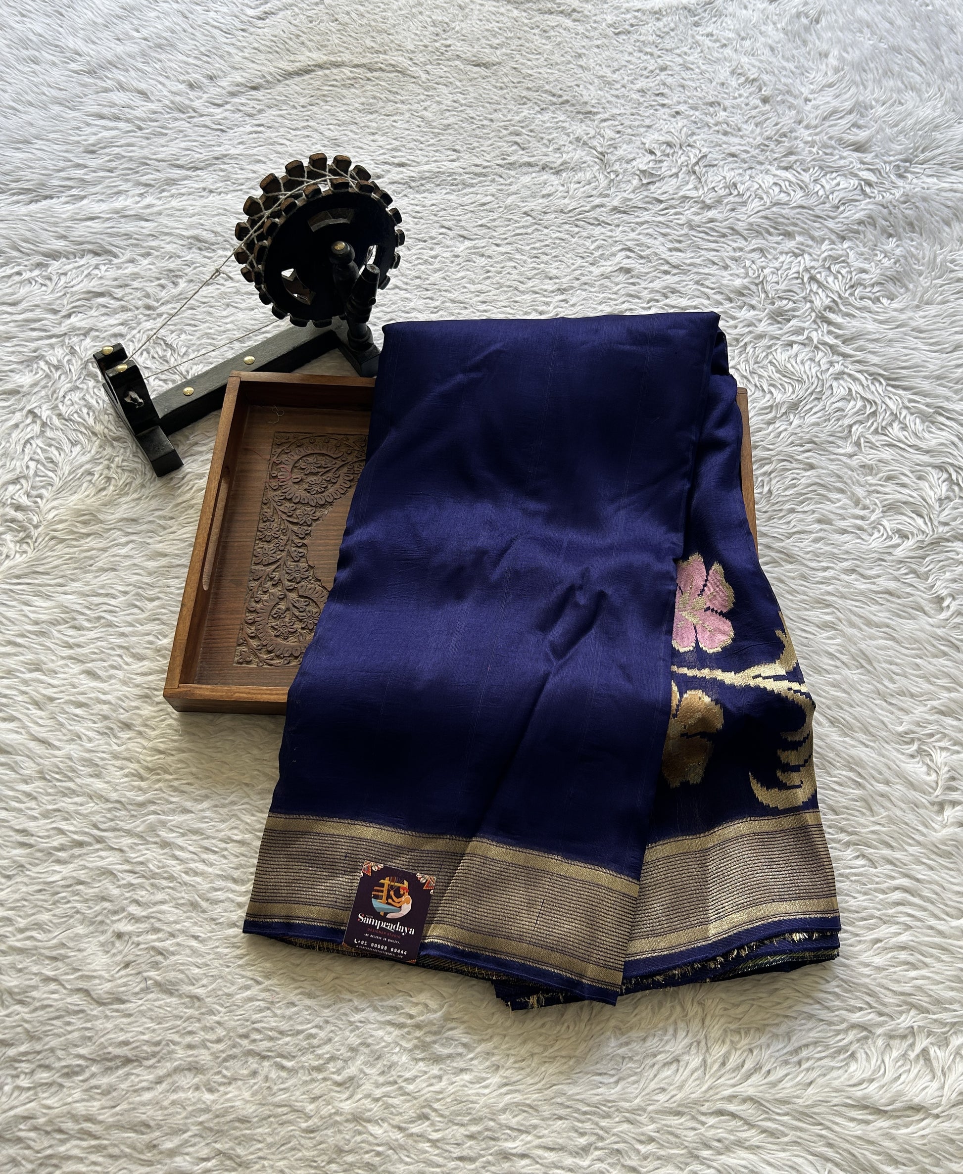 Banarasi Tussar Georgette Plain Saree Navy Blue Colored Exquisite Zari Border. - Sampradaya Designer Studio
