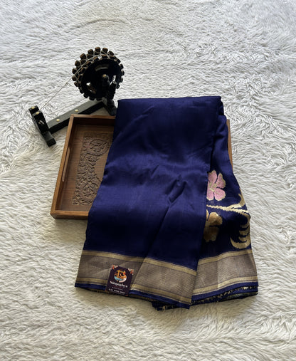 Banarasi Tussar Georgette Plain Saree Navy Blue Colored Exquisite Zari Border. - Sampradaya Designer Studio