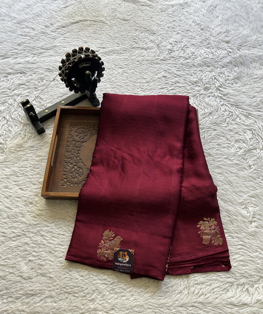 Satin Georgette Plain Saree Burgundy Colored Elegantly Paired with a Buti Border. - Sampradaya Designer Studio