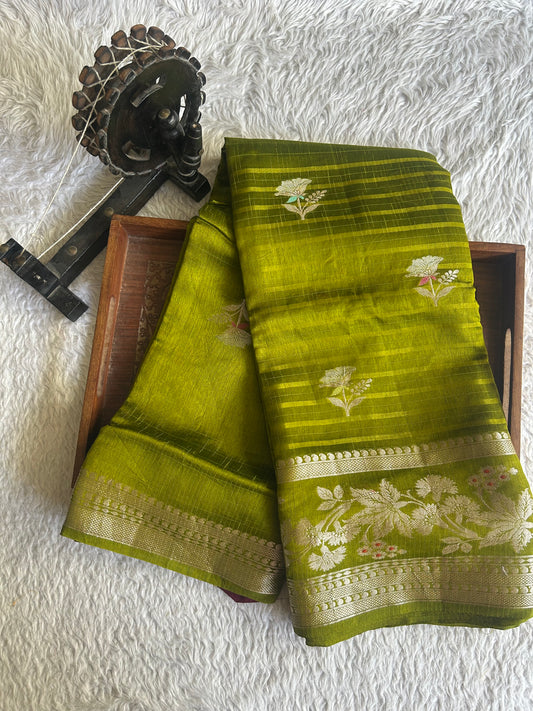 Banarasi Fancy Saree Olive Yellow Colored Complemented with a Silver Zari Border.