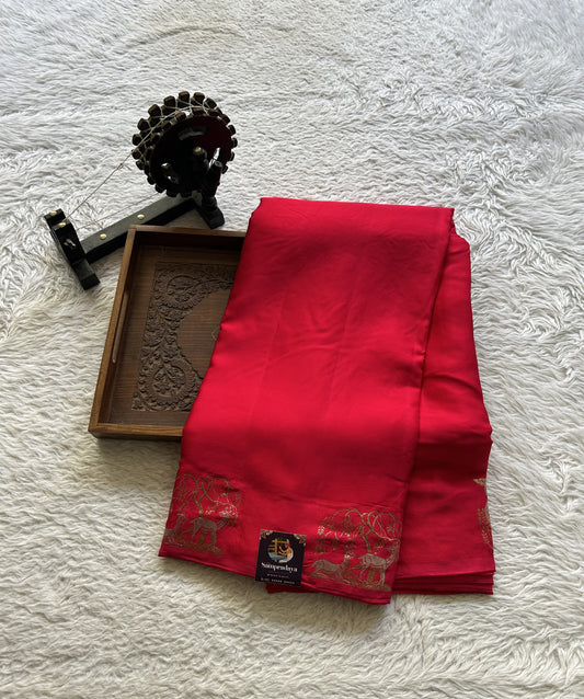 Satin Georgette Plain Saree Rani Pink Colored Elegantly Paired with a Buti Border. - Sampradaya Designer Studio