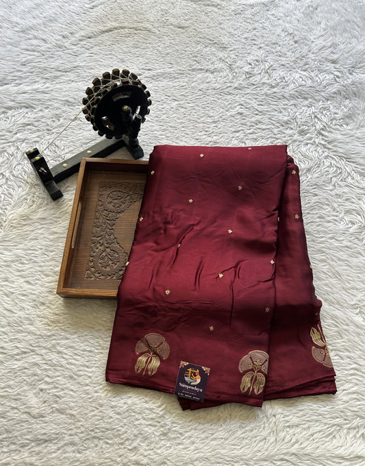 Satin Georgette Plain Saree Wine Colored Elegantly Paired with a Buti Border. - Sampradaya Designer Studio