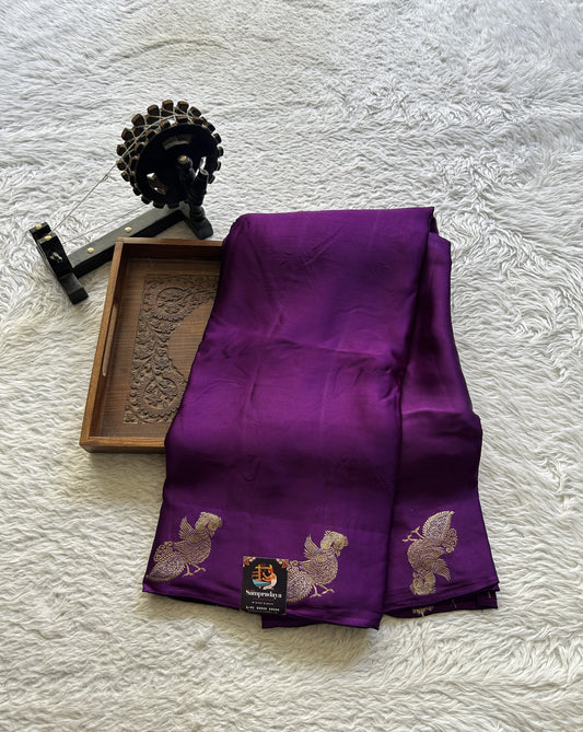 Satin Georgette Plain Saree Purple Colored Elegantly Paired with a Buti Border. - Sampradaya Designer Studio