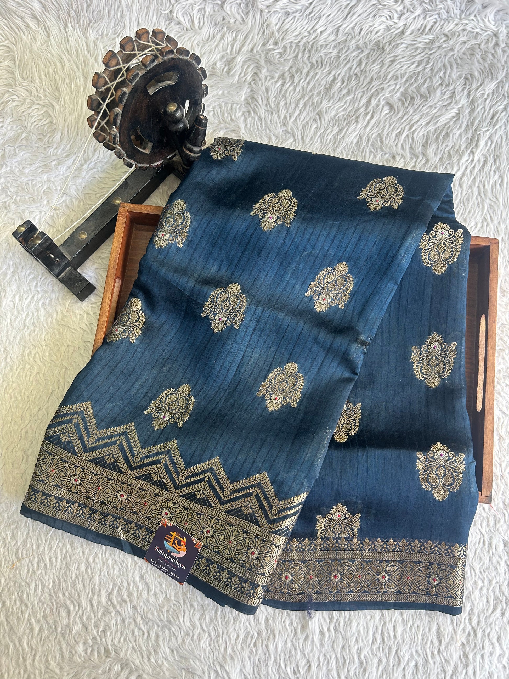 Banarasi Fancy Saree Prussian Blue Colored Complemented with a Silver Zari Border. - Sampradaya Designer Studio