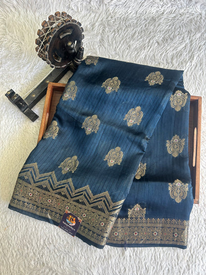 Banarasi Fancy Saree Prussian Blue Colored Complemented with a Silver Zari Border. - Sampradaya Designer Studio