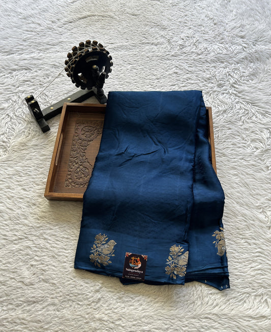 Satin Georgette Plain Saree German Blue Colored Elegantly Paired with a Buti Border. - Sampradaya Designer Studio