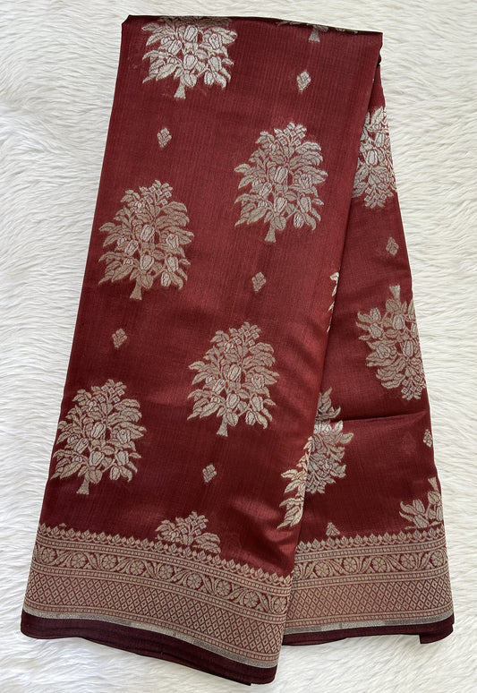 Banarasi Katan Silk Saree Pastel Brown colored Saree complemented with a Light Gold Zari border. - Sampradaya Designer Studio