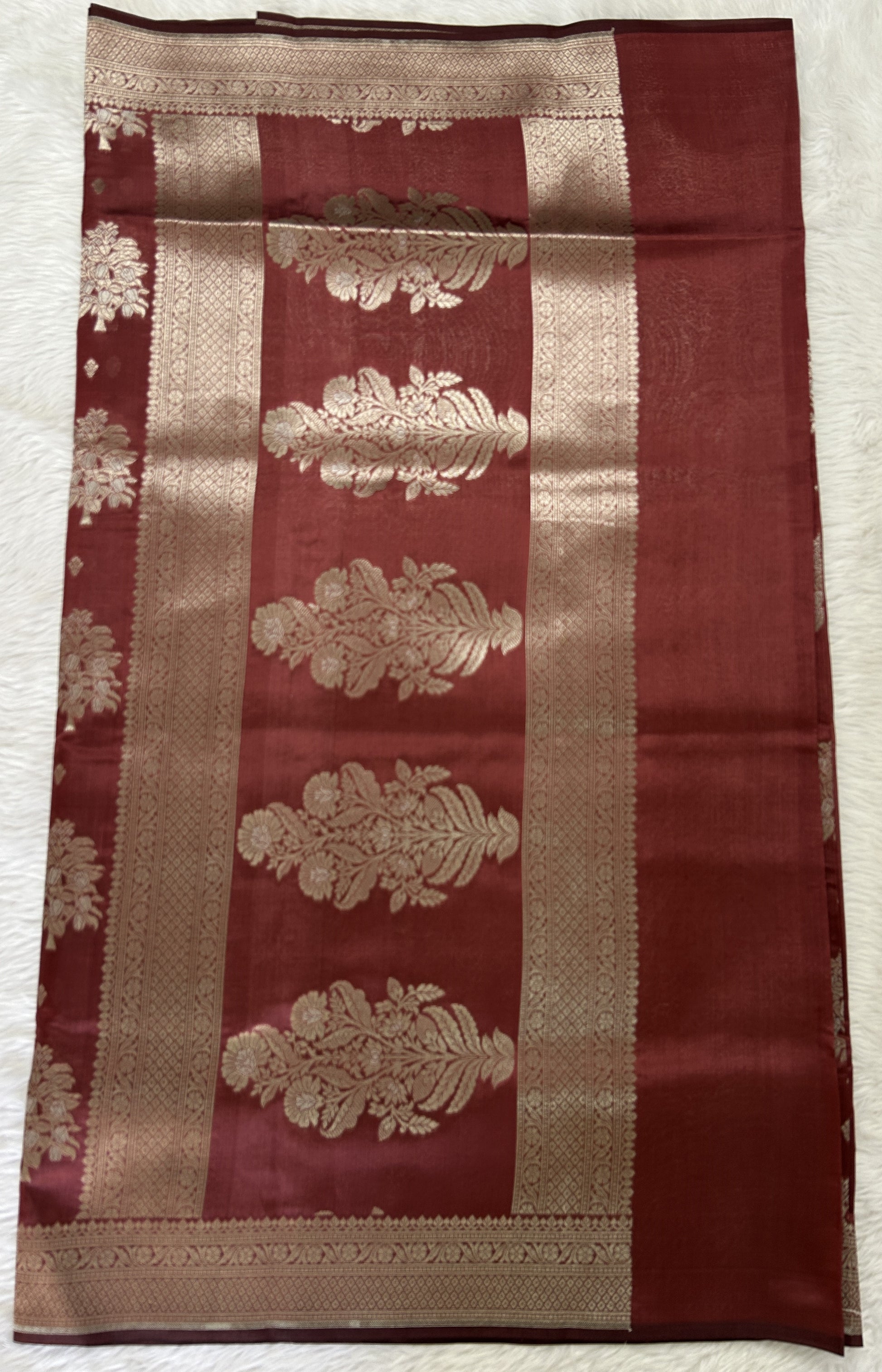 Banarasi Katan Silk Saree Pastel Brown colored Saree complemented with a Light Gold Zari border. - Sampradaya Designer Studio