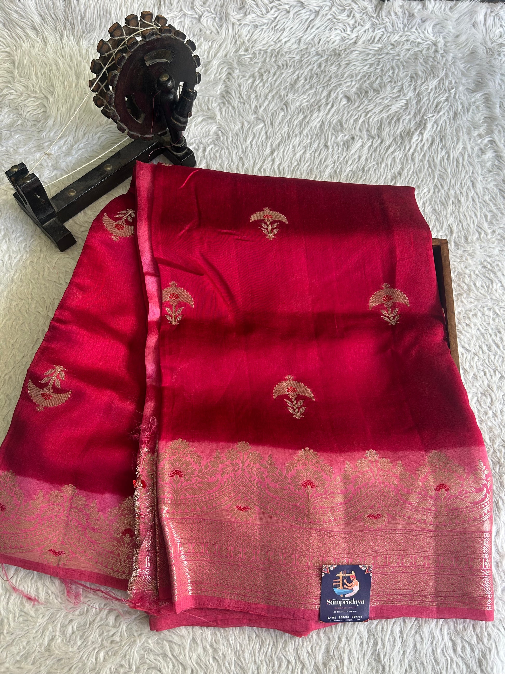 Banarasi Fancy Saree cerise Pink Colored Complemented with a Silver Zari Border. - Sampradaya Designer Studio