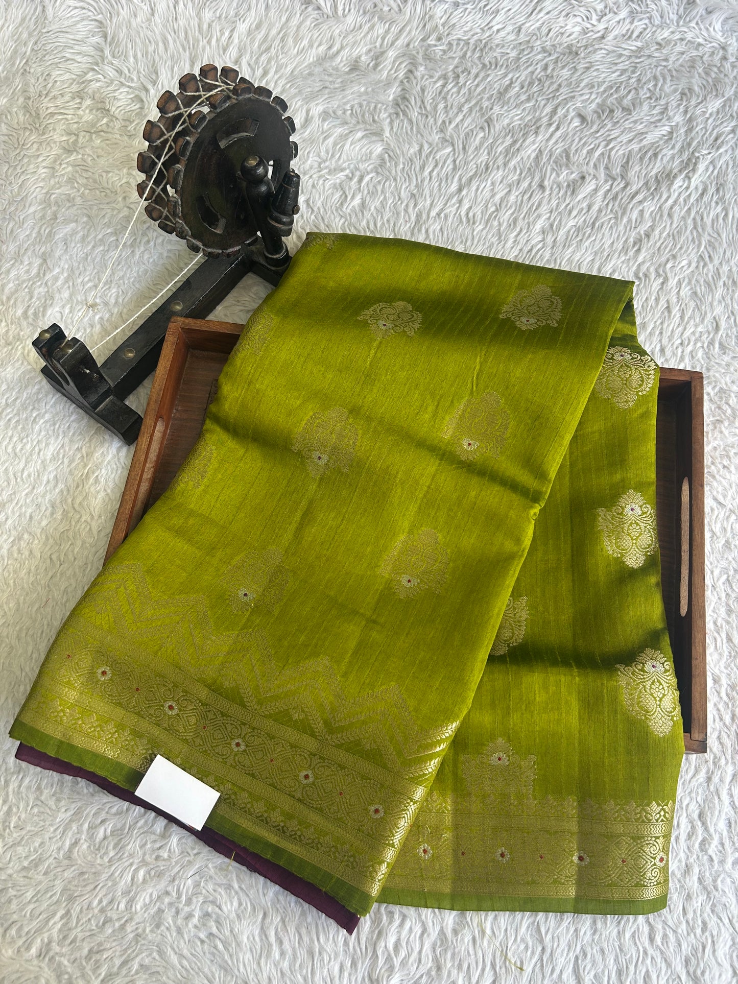 Banarasi Fancy Saree Strong Olive Green Colored Complemented with a Gold Zari Border.
