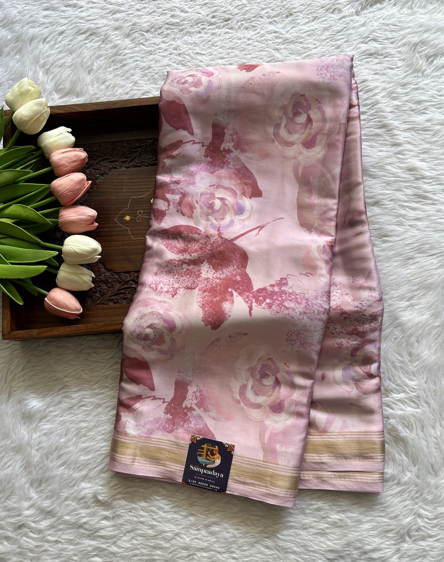 Satin Silk Saree Light Pink Colored Complemented with a Zari Border. - Sampradaya Designer Studio