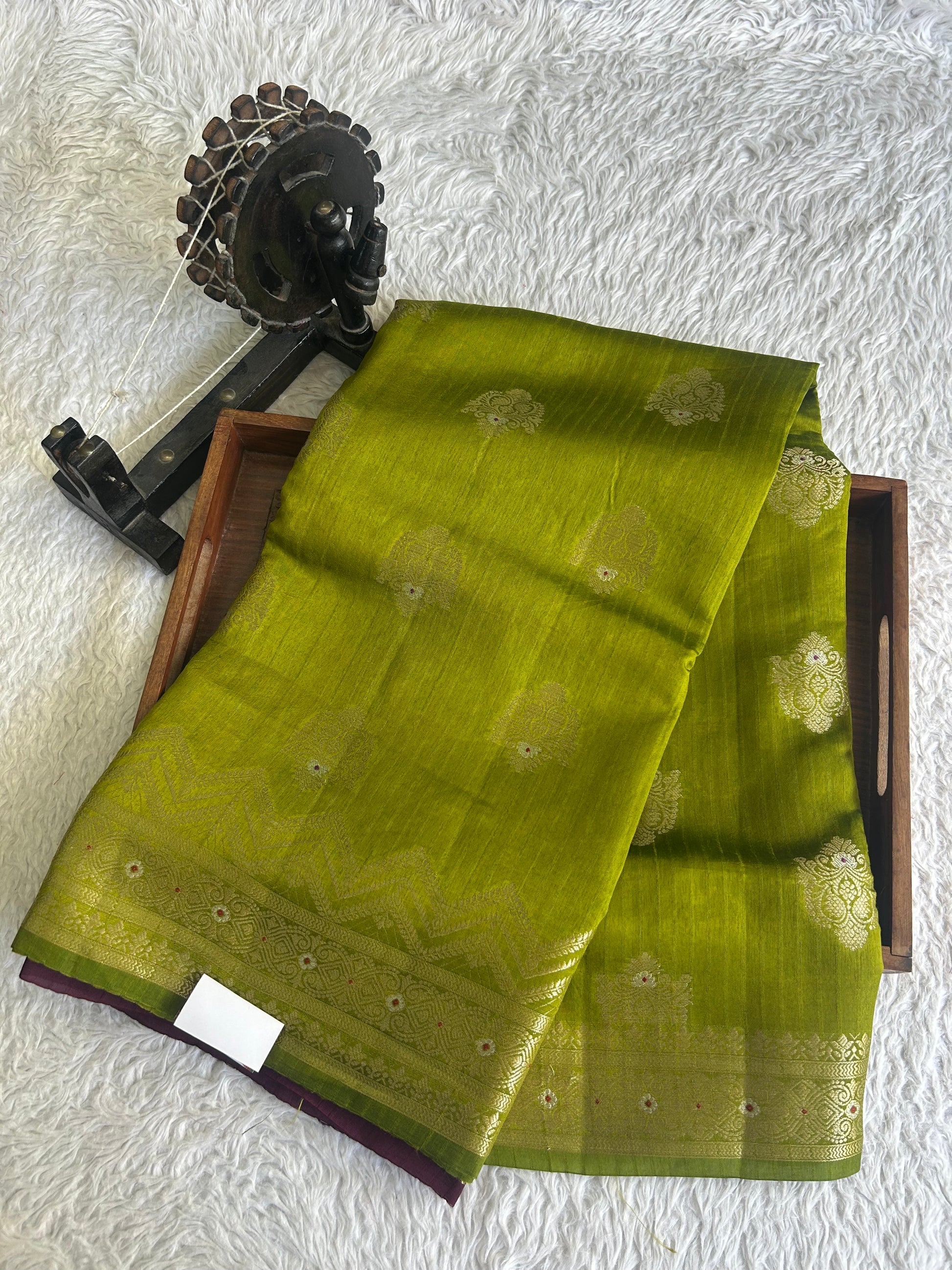 Banarasi Fancy Saree Olive Green Colored Complemented with a Gold Zari Border. - Sampradaya Designer Studio