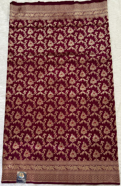 Banarasi Katan Silk Saree Magenta colored Saree complemented with a Gold Zari border. - Sampradaya Designer Studio