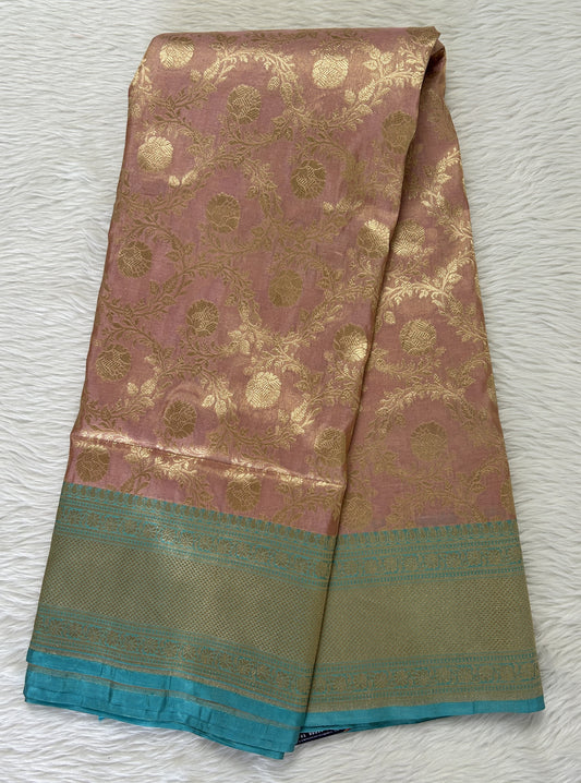 Banarasi Katan Silk Saree Peach colored Saree complemented with a Blue Colored Gold Zari border. - Sampradaya Designer Studio