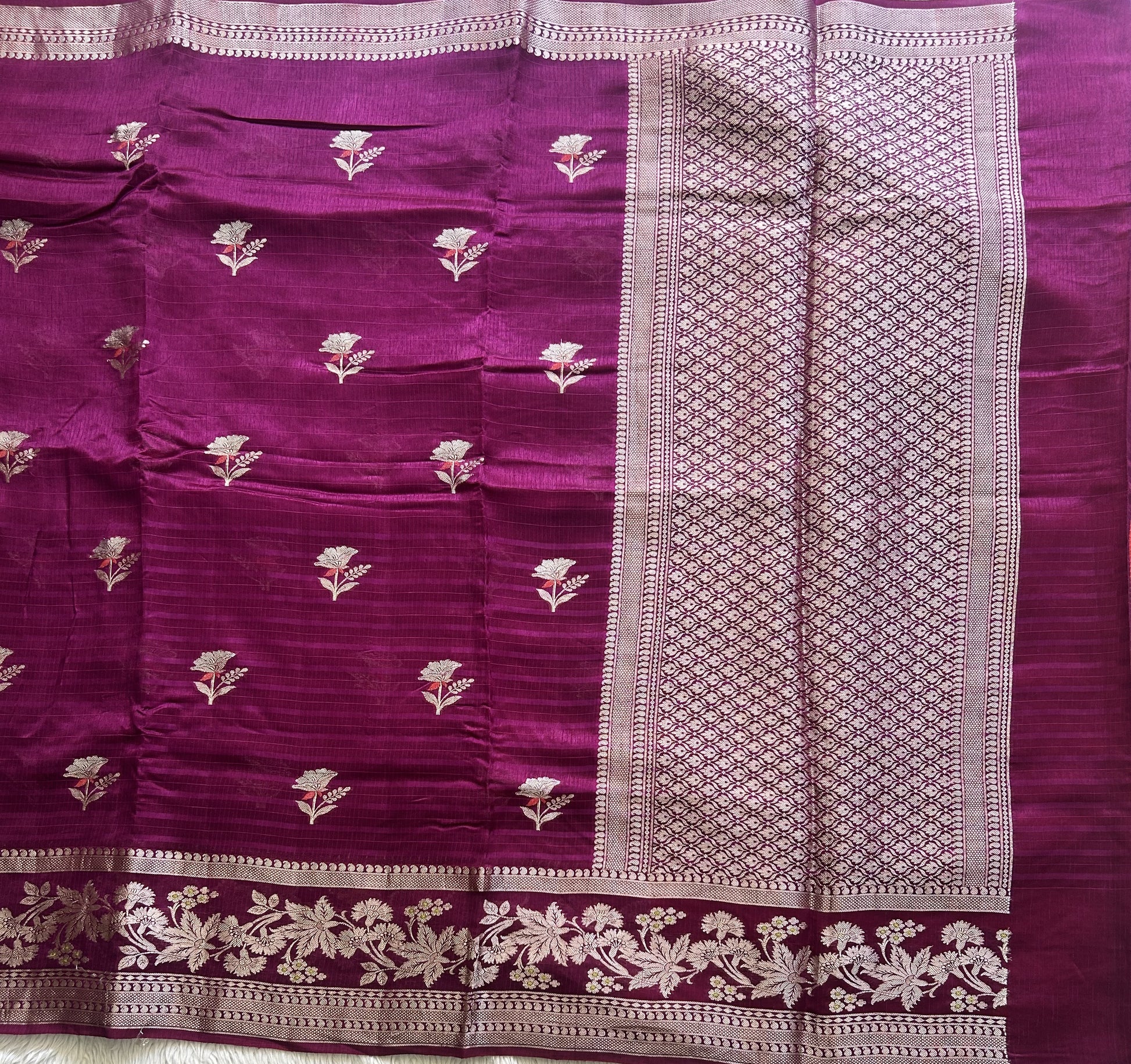 Banarasi Fancy Saree Dark Purple Colored Complemented with a Silver Zari Border. - Sampradaya Designer Studio