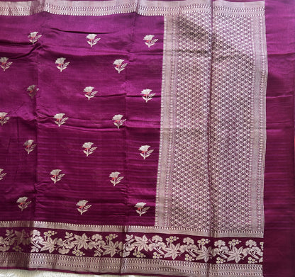 Banarasi Fancy Saree Dark Purple Colored Complemented with a Silver Zari Border. - Sampradaya Designer Studio